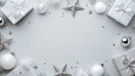Christmas composition. Giftsrations on gray background. Flat lay, top view, copy spaceの写真素材