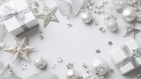Christmas composition. Christmas white decorations on white background. Flat lay, top view, copy spaceの写真素材