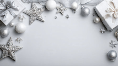 Christmas composition. White gift box, silver balls, stars on white wooden background. Flat lay, top...