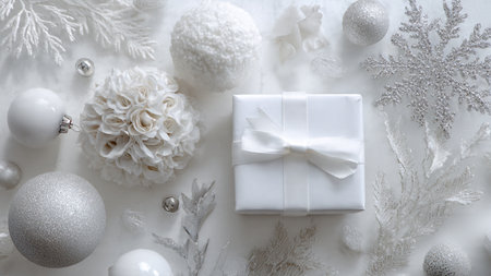 White gift box with white ribbon and christmas decorations on white backgroundの写真素材
