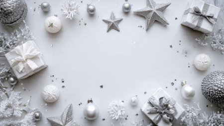 Christmas and New Year background. Silver and white decorations on white background. Flat lay, top view, copy space.の写真素材