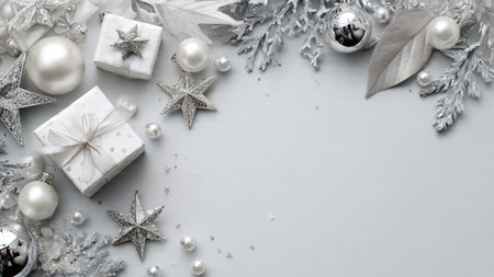 Christmas background with silver and white decorations. Top view with copy space.の写真素材