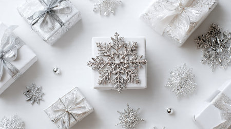 Christmas composition. Gifts, snowflakes on white background. Flat lay, top view, copy spaceの写真素材