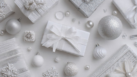 Christmas or New Year composition. White gift box, silver decorations on white background. Flat lay, top view, copy spaceの写真素材