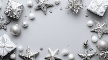 Christmas background with silver and white decorations. Top view with copy spaceの写真素材