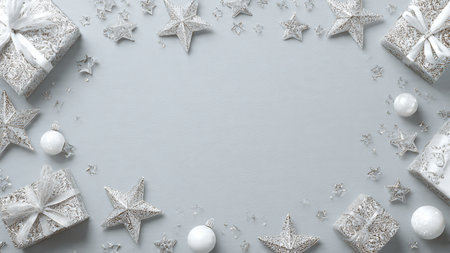 Christmas greeting card. Top view on white christmas decorations on grey background with copy space....