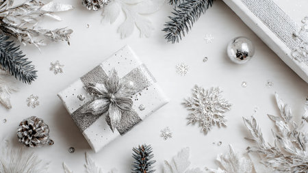 Christmas background. Gifts, snowflakes on white background. Flat lay, top view, copy spaceの写真素材