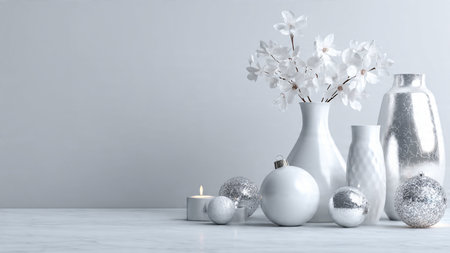 White Christmas decorations in a vase on the table. 3d renderingの写真素材