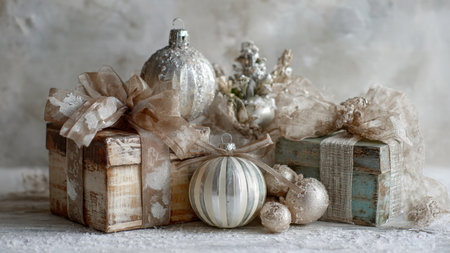 Christmas still life with vintage gift boxes and christmas balls on white background