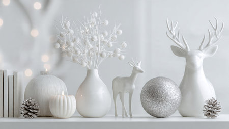 Christmas decorations on white shelf in living room interior. Winter holidays concept.の写真素材