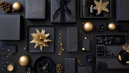 A luxurious Christmas layout featuring minimal gold accents for modern elegance.の写真素材