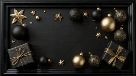 Matte-black gift boxes paired with gleaming gold ribbons for a rich seasonal presentation.の写真素材