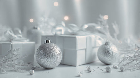 Silver christmas baubles on white background with bokeh lightsの写真素材