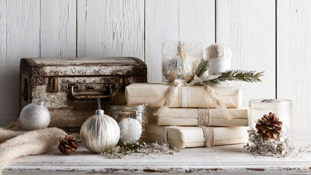 Christmas gift boxes and decorations on a white wooden background. Vintage style.の写真素材