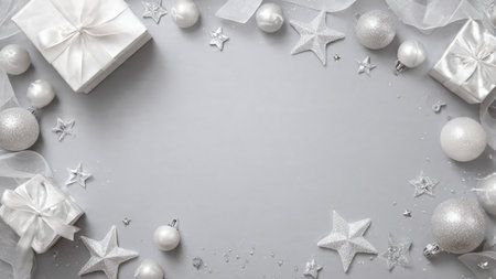 Christmas background with white decorations and gift box on gray background. Flat lay, top view.