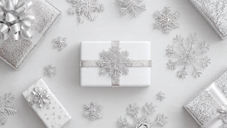 Christmas composition. White gift box, silver snowflakes on white background. Flat lay, top view, copy spaceの写真素材
