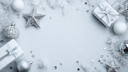 Christmas background. Festive decoration on white background. New Year concept. Flat lay, top view, copy space.の写真素材