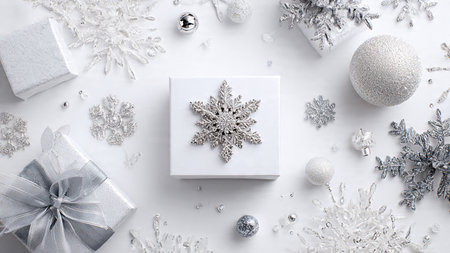 Christmas composition. Gifts, snowflakes on white background. Flat lay, top view, copy space