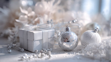 Christmas background with silver and white christmas balls, gift box and snowflakesの写真素材