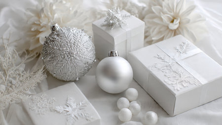 Christmas and New Year decoration. White gift boxes, white balls and white snowflakes on a white background.の写真素材