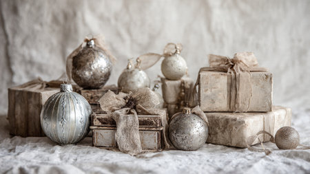 Christmas still life with gift boxes and christmas balls on white backgroundの写真素材