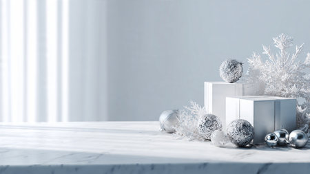 Christmas decoration with white gift box, silver balls and snowflakesle table.の写真素材