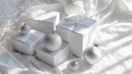 White gift boxes with silver christmas balls and snowflakes on white bedding.の写真素材