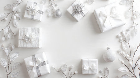 Christmas composition. White gift boxes, christmas decorations on white background. Flat lay, top view, copy spaceの写真素材