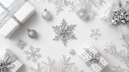 Christmas composition. White gift boxes, silver snowflakes on white background. Flat lay, top view, copy spaceの写真素材