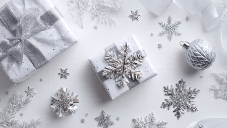 Christmas background with silver gift boxes and silver snowflakes on whiteの写真素材