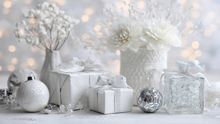 Beautiful Christmas decorations on white wooden table against blurred lights, closeupの写真素材