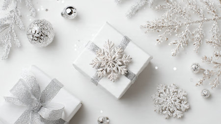 Christmas composition. White gift box, silver decorations on white background. Flat lay, top view,...