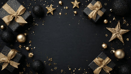 Christmas and New Year background. Black gift boxes, gold stars and balls on black background.