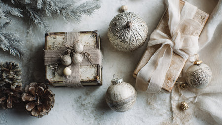 Christmas or New Year rustic background with fir branches, silver balls, gift boxes and pine cones