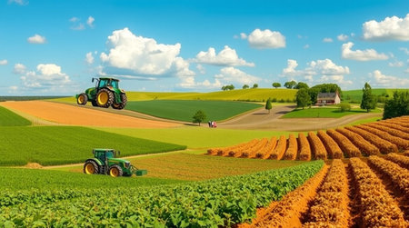 Agricultural landscape with tractor on the field