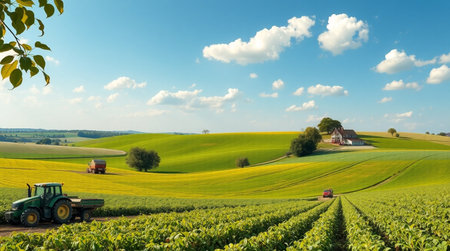 Agricultural landscape with tractor in the middle of the green fields