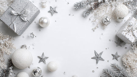 Christmas background with silver and white decorations. Flat lay, top view.の写真素材