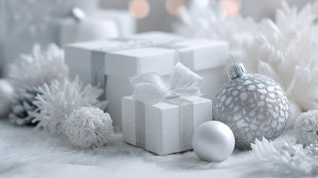 White gift boxes and christmas decorations on a white fur background.の写真素材