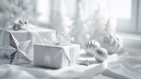 White Christmas gift box with silver ribbon on the background of the Christmas treeの写真素材