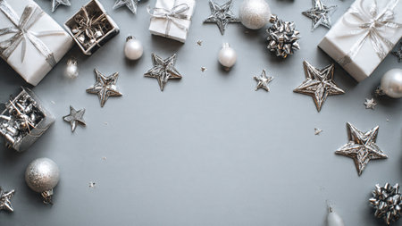 Christmas background with decorations and gift boxes on grey background. Flat lay, top view.