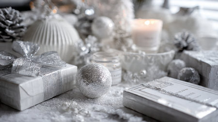 Christmas Decorations and Candles on a Bokeh Background