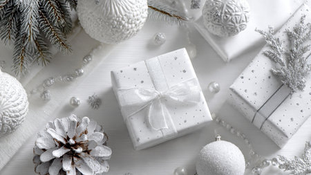 Christmas composition. White gift boxes on white wooden background. Flat lay, top view, copy space