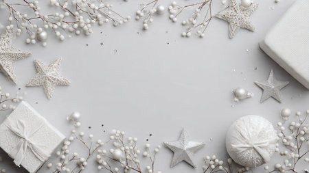 Christmas composition. White gift box, white decorations on gray background. Flat lay, top view, copy spaceの写真素材