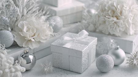 Christmas background with white gift box, white balls and snowflakes