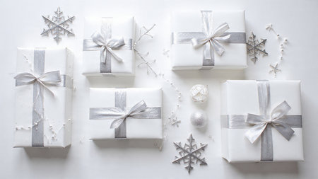 White gift boxes with silver ribbons and snowflakes on white backgroundの写真素材