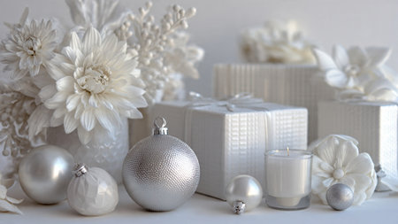 White Christmas decoration on a white background with a silver ball and gift boxes