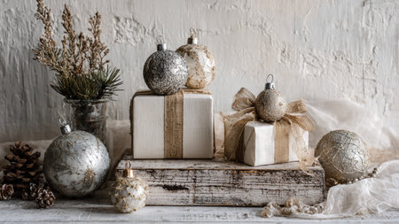 Christmas still life with christmas balls, gift boxes and candles on rustic wooden background