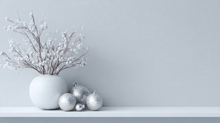 Christmas composition. Christmas decorations on white shelf against blue wall background.の写真素材