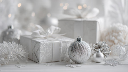 Christmas background with white gift box, Christmas balls and decorations on white wooden table