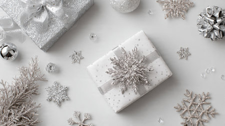 Christmas background. White gift box with silver snowflakes on white background. Flat lay, top view,...